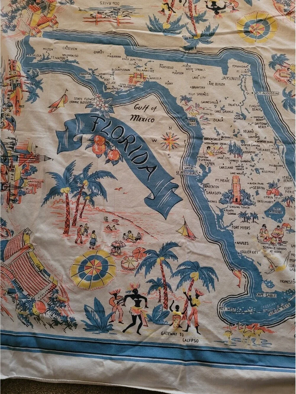 VTG 50's Florida Map Souvenir Tablecloth To Calypso MCM Floridiana 51